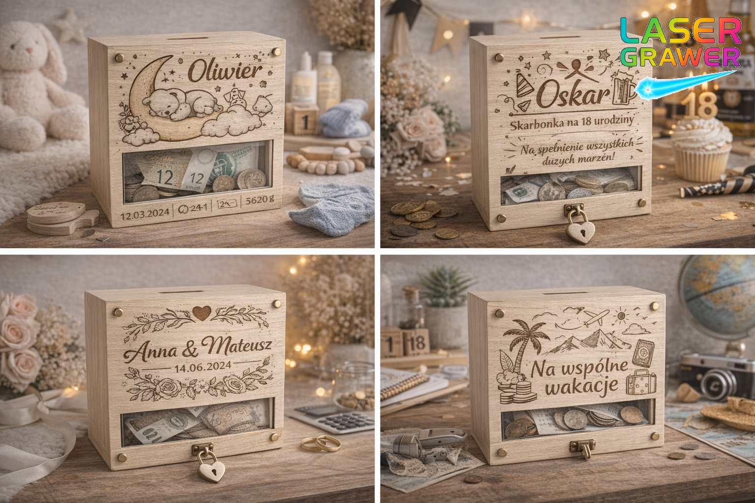 Skarbonki ze sklejki z grawerem – praktyczny i personalizowany prezent
